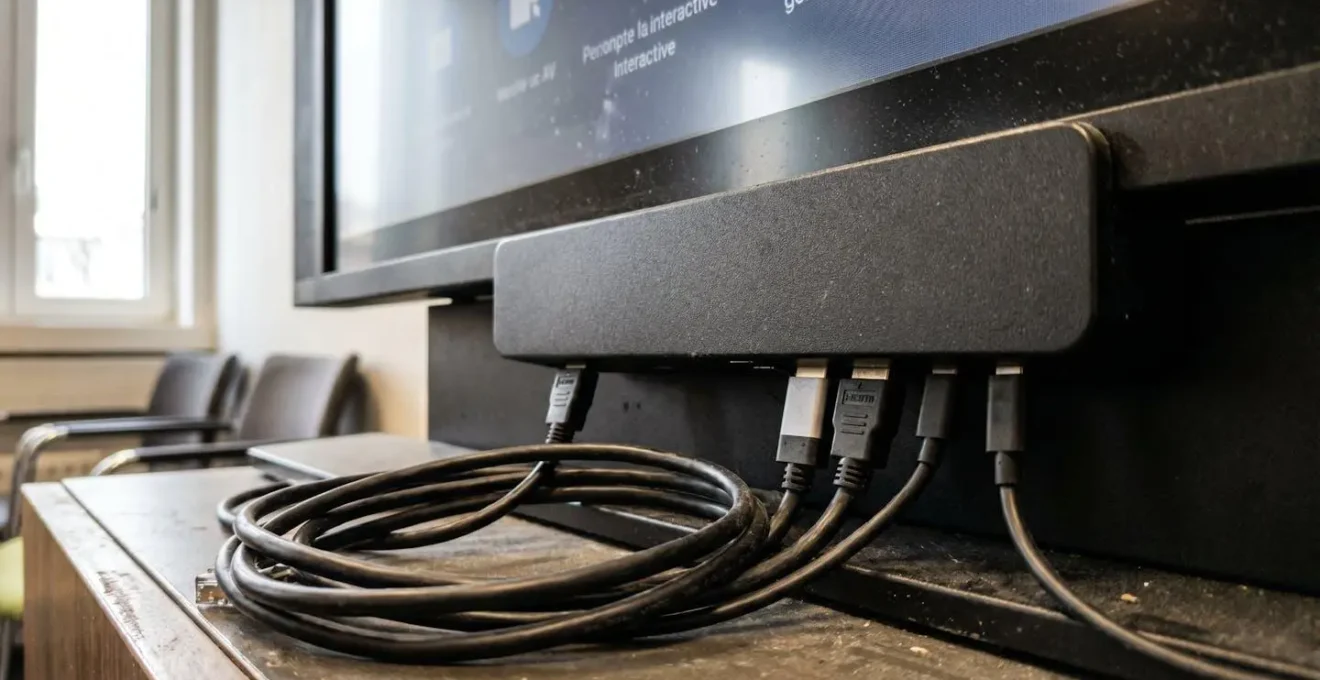Gros plan sur un écran interactif professionnel avec ports de connexion visibles dans une salle de conférence moderne