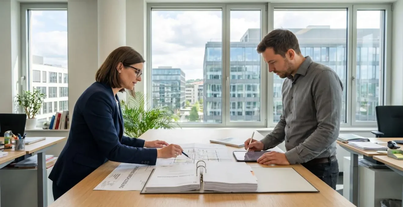 Deux professionnels examinent des plans de salle sur une table dans un bureau luxembourgeois moderne