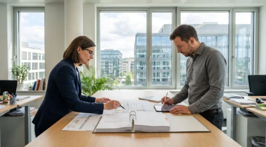 Deux professionnels examinent des plans de salle sur une table dans un bureau luxembourgeois moderne