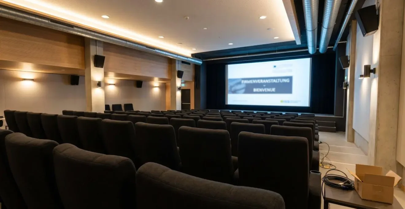 Vue d'ensemble d'un auditorium de cinéma moderne avec rangées de sièges confortables face à un écran géant