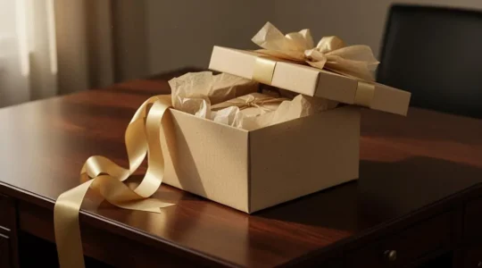 Coffret cadeau haut de gamme entrouvert sur un bureau executif, symbole de la fidelisation d'un client VIP