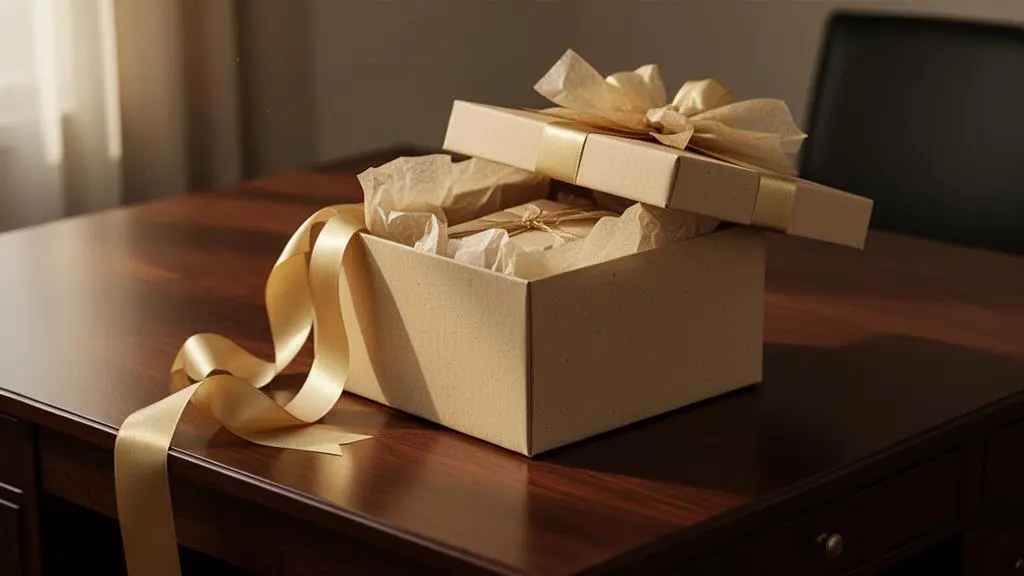 Coffret cadeau haut de gamme entrouvert sur un bureau executif, symbole de la fidelisation d'un client VIP