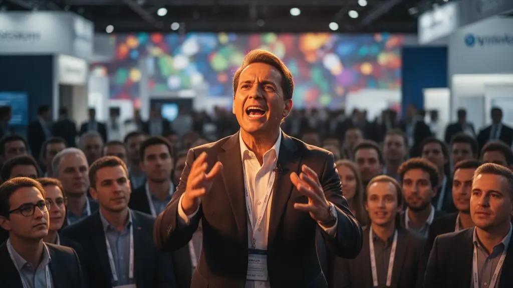 Speaker s'exprimant avec conviction devant un public attentif masse autour d'un stand ouvert au milieu d'un salon professionnel anime