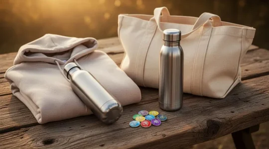 Table de présentation élégante d'une collection d'articles personnalisés pour un événement, avec textiles pliés et accessoires soigneusement disposés