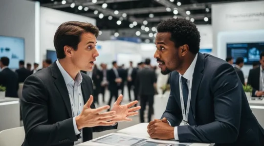 Deux professionnels échangent avec authenticité sur un stand de salon BtoB moderne et épuré