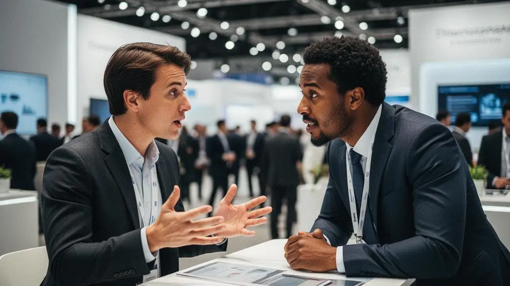 Deux professionnels échangent avec authenticité sur un stand de salon BtoB moderne et épuré