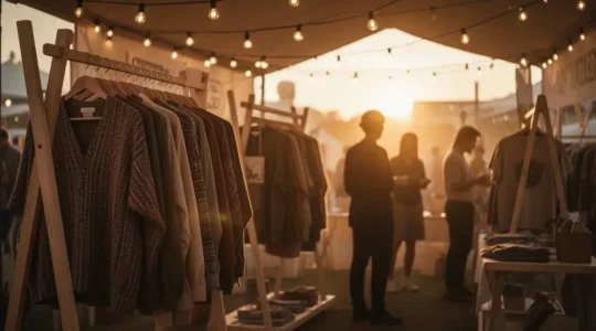 Stand de merchandising de festival au coucher du soleil, agencé comme une véritable boutique éphémère avec des vêtements exposés et une ambiance chaleureuse
