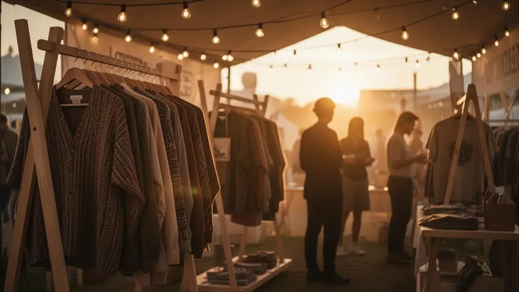 Stand de merchandising de festival au coucher du soleil, agencé comme une véritable boutique éphémère avec des vêtements exposés et une ambiance chaleureuse