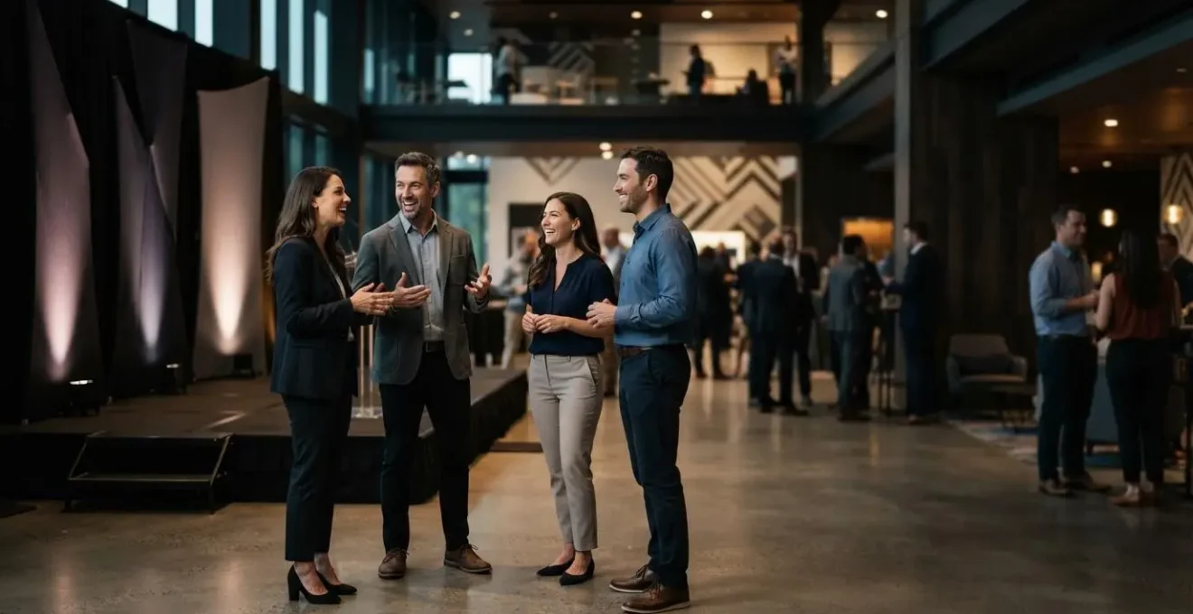 Professionnels échangeant avec confiance lors d'un événement d'entreprise, symbolisant la conversion de la rencontre en opportunité commerciale