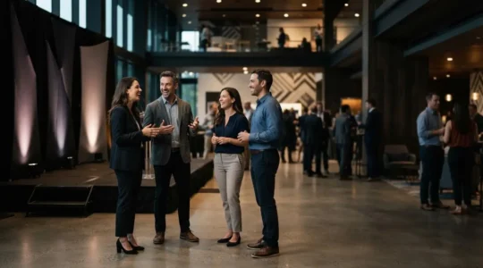 Professionnels échangeant avec confiance lors d'un événement d'entreprise, symbolisant la conversion de la rencontre en opportunité commerciale