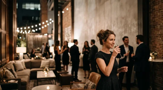 Soirée événementielle exclusive et élégante où des invités interagissent dans une ambiance premium propice au partage sur les réseaux sociaux
