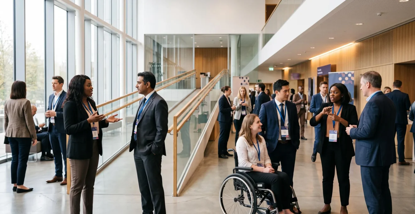Groupe diversifié de participants souriants lors d'un événement professionnel accessible, incluant une personne en fauteuil roulant, dans un espace lumineux et ouvert
