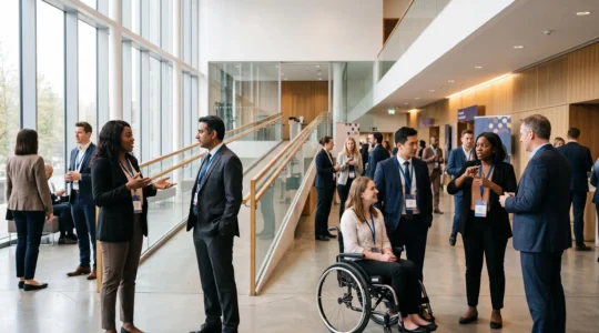 Groupe diversifié de participants souriants lors d'un événement professionnel accessible, incluant une personne en fauteuil roulant, dans un espace lumineux et ouvert
