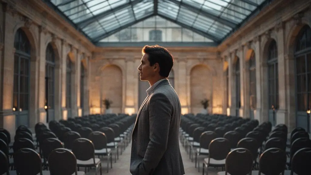 Portrait éditorial d'un professionnel de l'événementiel observant une salle de conférence vide, symbolisant l'expertise et la vision stratégique régionale
