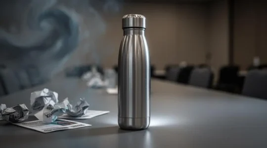 Une gourde en inox de qualite posee sur une table d'evenement, entouree d'objets promotionnels flous en arriere-plan, symbolisant le choix entre un goodie memorable et des objets oublies