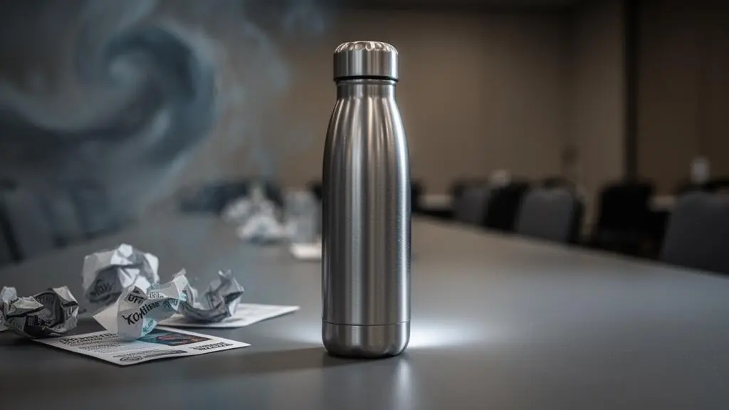 Une gourde en inox de qualite posee sur une table d'evenement, entouree d'objets promotionnels flous en arriere-plan, symbolisant le choix entre un goodie memorable et des objets oublies