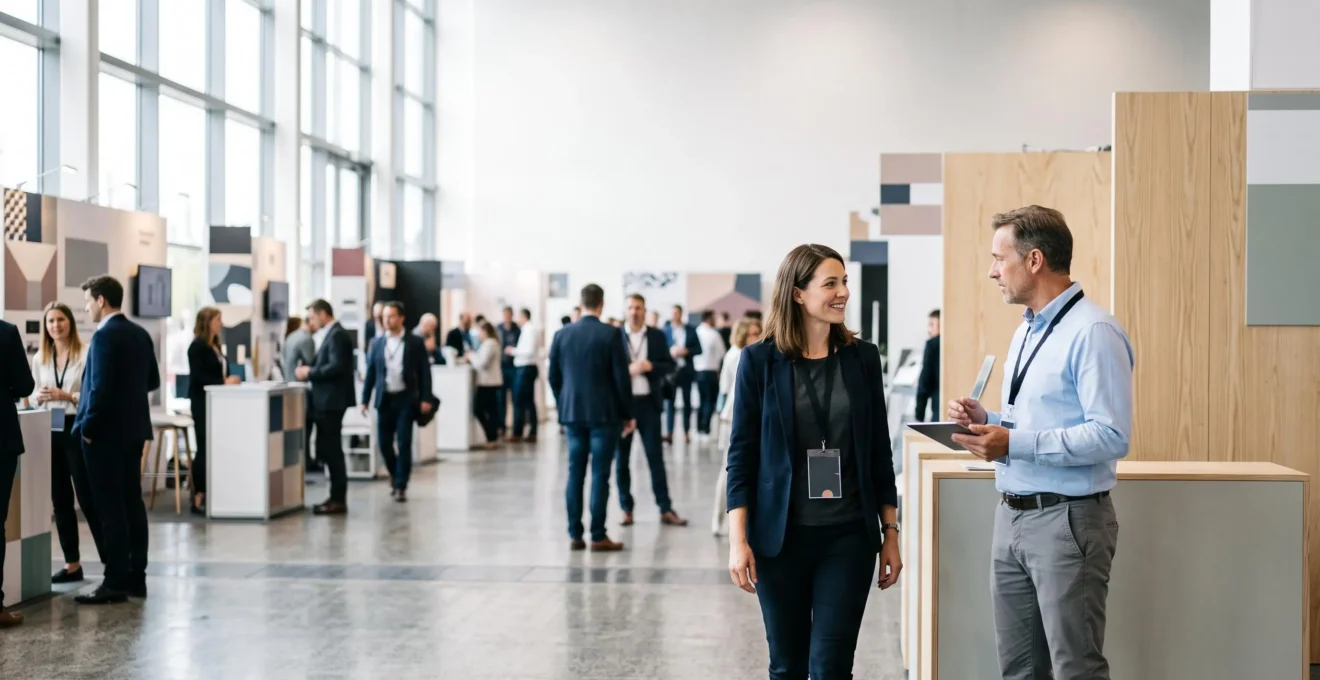 Un journaliste spécialisé s'arrête naturellement devant un stand lors d'un grand salon professionnel, attiré par une interaction authentique plutôt que par un discours commercial