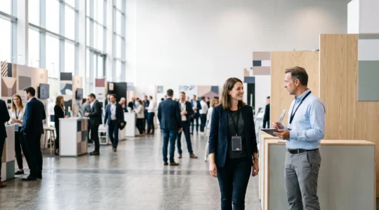 Un journaliste spécialisé s'arrête naturellement devant un stand lors d'un grand salon professionnel, attiré par une interaction authentique plutôt que par un discours commercial