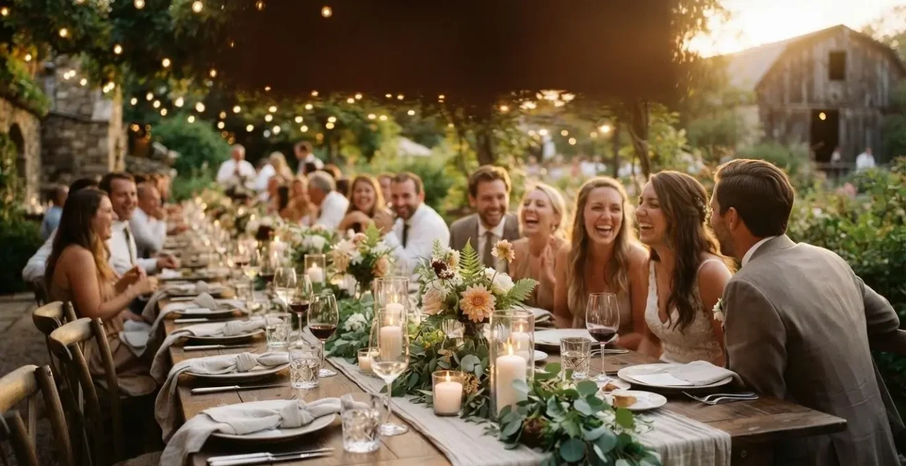 Table de réception de mariage élégante et chaleureuse illustrant un mariage réussi à petit budget