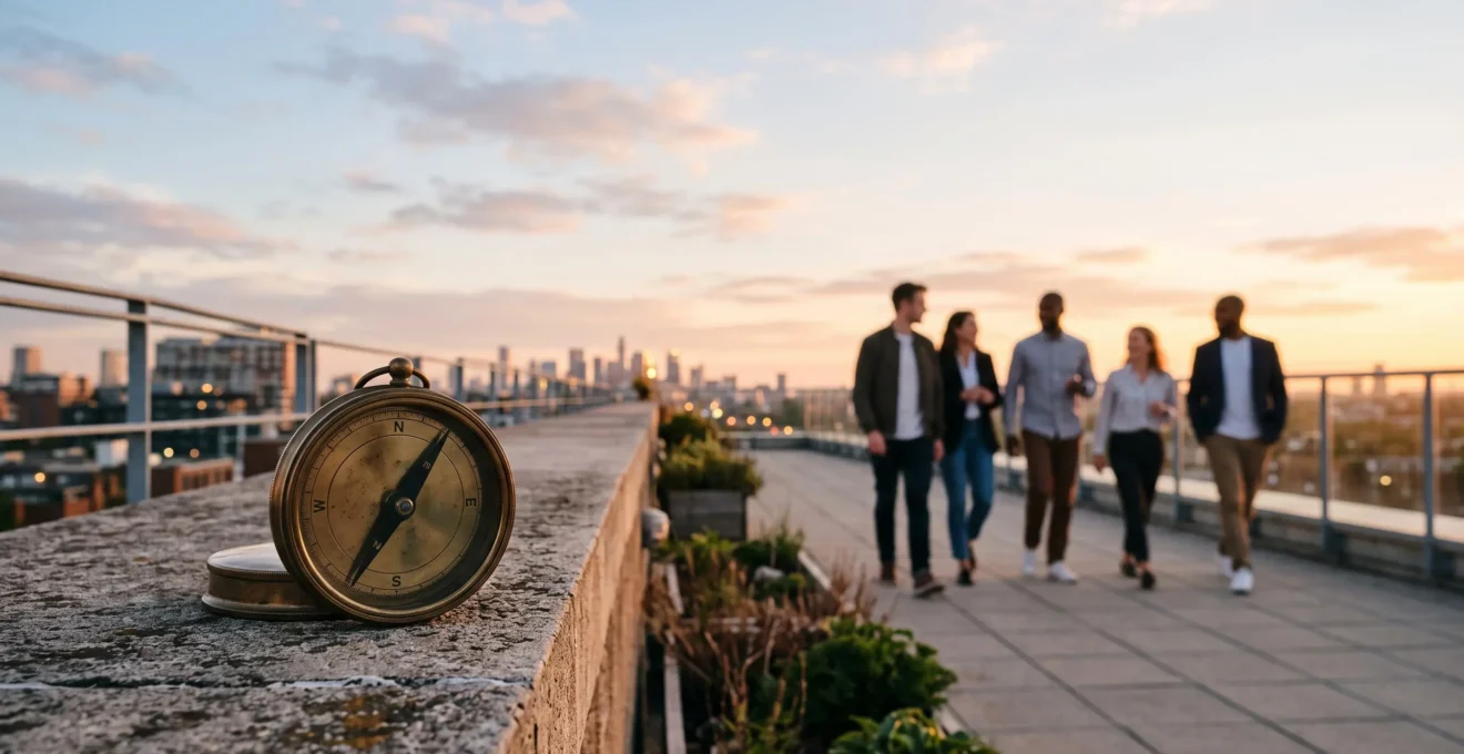 Instrument de mesure symbolique tourné vers un groupe de collaborateurs marchant ensemble au coucher du soleil, illustrant l'évaluation de la cohésion d'équipe au quotidien