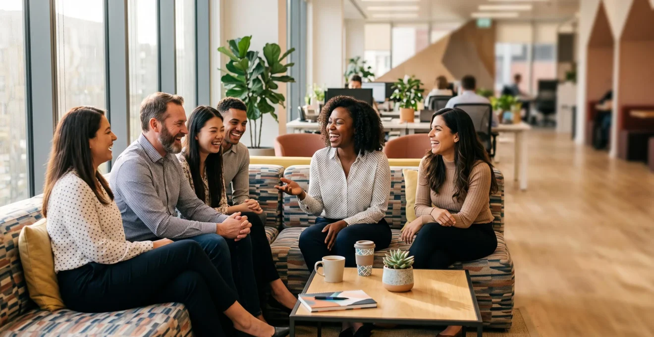 Collègues partageant un moment convivial informel dans un espace de bureau lumineux et chaleureux