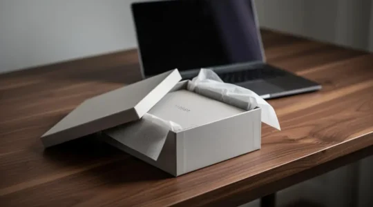 Un colis premium épuré posé sur un bureau en bois, symbolisant l'impact d'un objet physique face à la communication digitale en BtoB