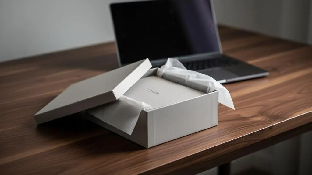 Un colis premium épuré posé sur un bureau en bois, symbolisant l'impact d'un objet physique face à la communication digitale en BtoB
