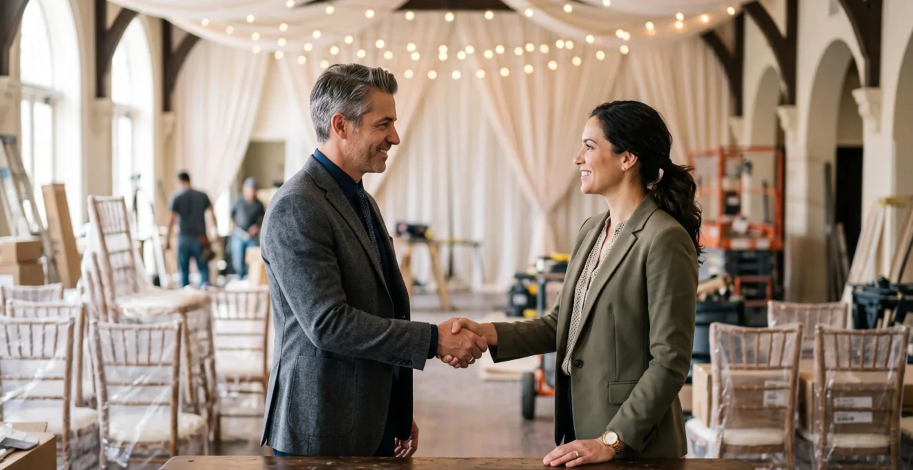 Deux professionnels scellent un accord de collaboration pour un evenement, dans un decor evoquant la preparation d'une manifestation haut de gamme