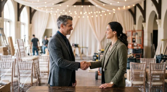Deux professionnels scellent un accord de collaboration pour un evenement, dans un decor evoquant la preparation d'une manifestation haut de gamme