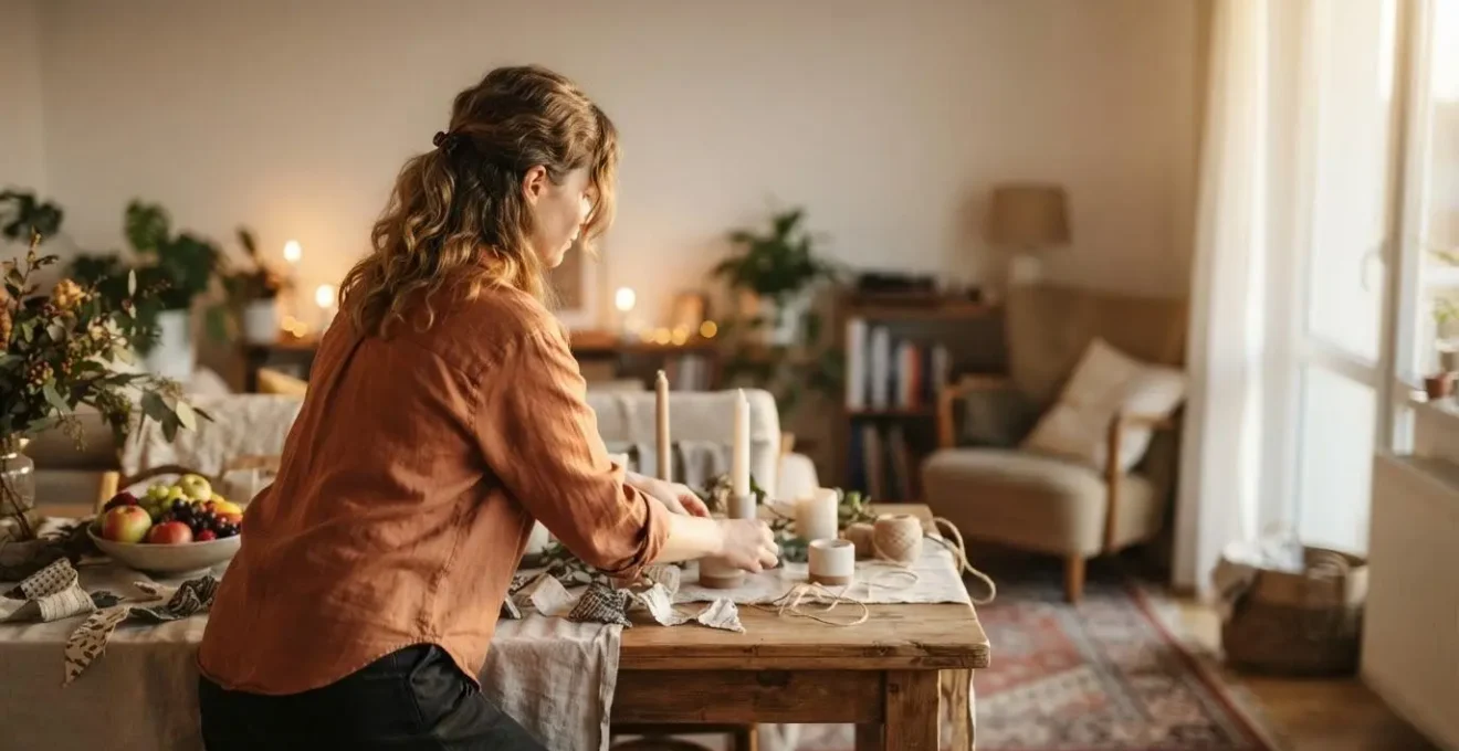 Hôte souriant disposant avec soin une décoration de table pour un anniversaire, dans une pièce lumineuse et chaleureuse