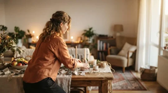 Hôte souriant disposant avec soin une décoration de table pour un anniversaire, dans une pièce lumineuse et chaleureuse