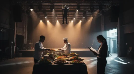 Coulisses d'un événement professionnel avec plusieurs prestataires coordonnant les derniers réglages avant l'ouverture
