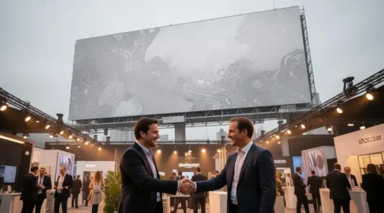 Contraste visuel entre un panneau publicitaire vide et une rencontre professionnelle authentique lors d'un salon BtoB