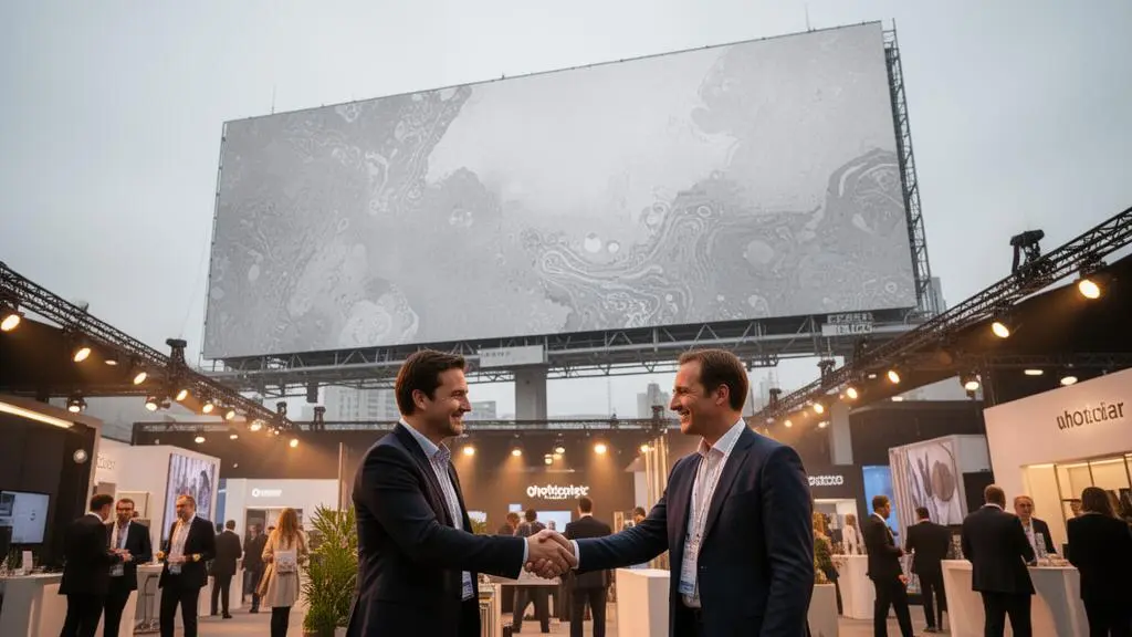 Contraste visuel entre un panneau publicitaire vide et une rencontre professionnelle authentique lors d'un salon BtoB