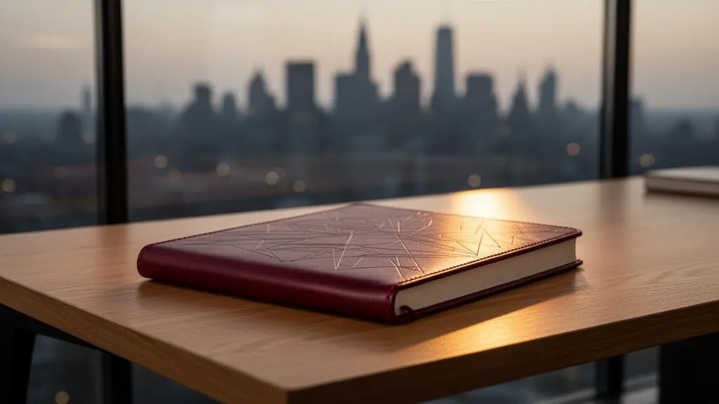 Objet publicitaire premium pose sur un bureau minimaliste dans un bureau moderne, symbolisant la mesure du retour sur investissement