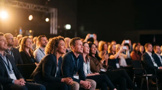 Public professionnel captive au moment de la revelation d'un nouveau produit lors d'un evenement de lancement