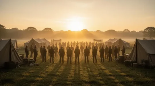 Grand groupe de collaborateurs rassemblés en cercle dans une clairière au lever du jour, symbolisant l'organisation d'un team building outdoor sécurisé