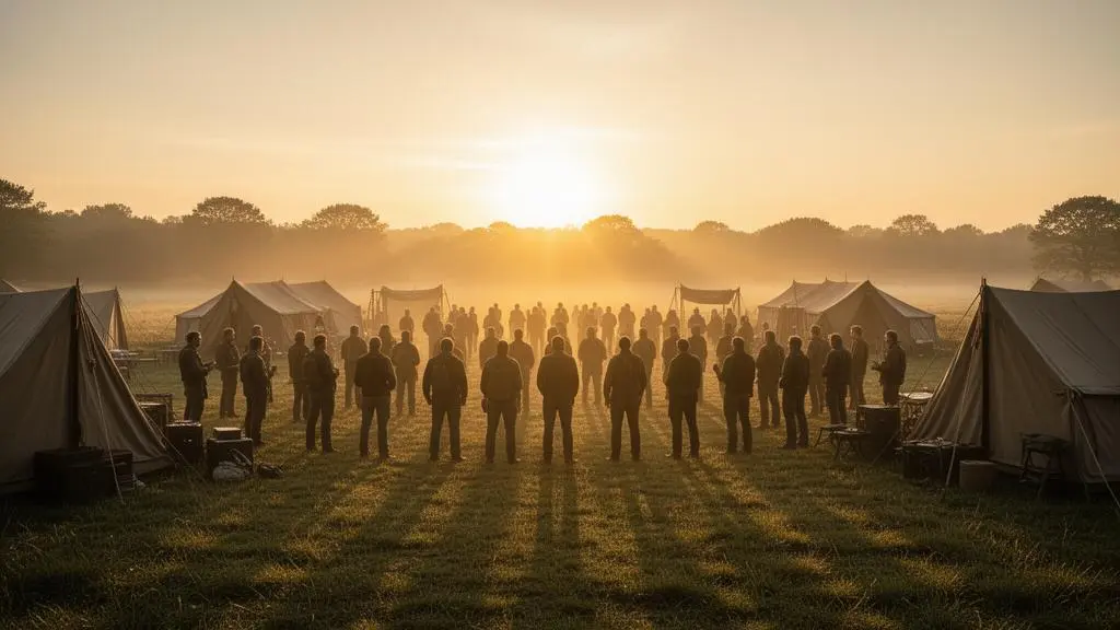 Grand groupe de collaborateurs rassemblés en cercle dans une clairière au lever du jour, symbolisant l'organisation d'un team building outdoor sécurisé