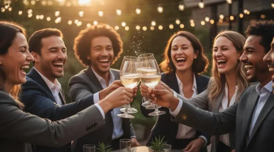 Collaborateurs souriants réunis et trinquant lors d'une soirée d'entreprise chaleureuse et conviviale