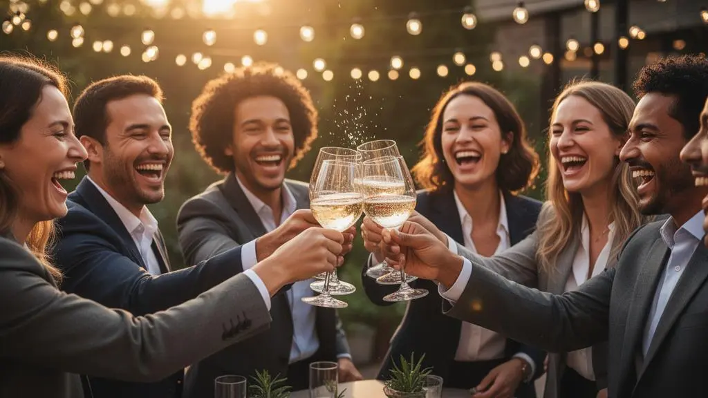 Collaborateurs souriants réunis et trinquant lors d'une soirée d'entreprise chaleureuse et conviviale