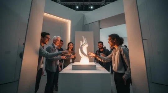 Visiteurs professionnels vivant une expérience immersive sur un stand de salon minimaliste et lumineux