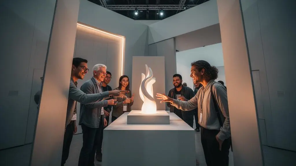 Visiteurs professionnels vivant une expérience immersive sur un stand de salon minimaliste et lumineux