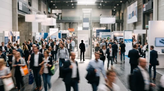 Un visiteur qualifié se détache nettement au premier plan dans la foule dense et floue d'un salon professionnel