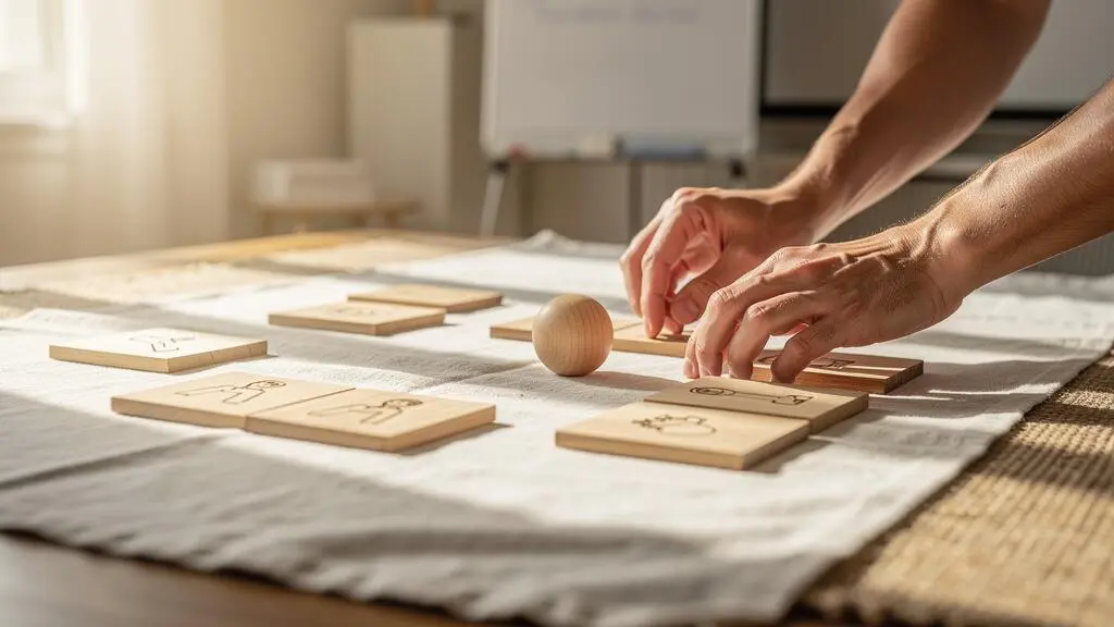 Un animateur prépare le matériel d'un atelier interactif sur un tapis en salle.
