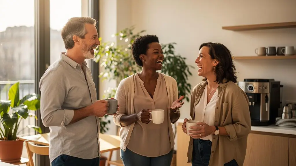 Trois collègues discutent détendus autour d'un café dans un open-space lumineux.