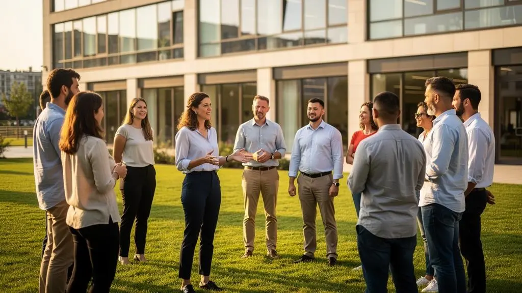 Une équipe en cercle échange à l'extérieur après une activité collective de cohésion.