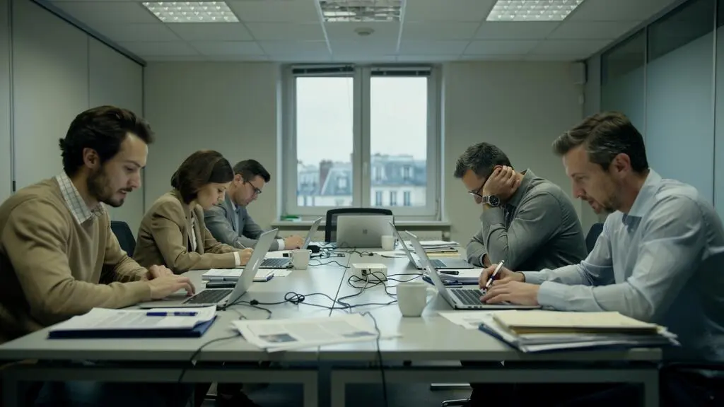 Des collègues silencieux et tendus autour d'une table de réunion en entreprise.